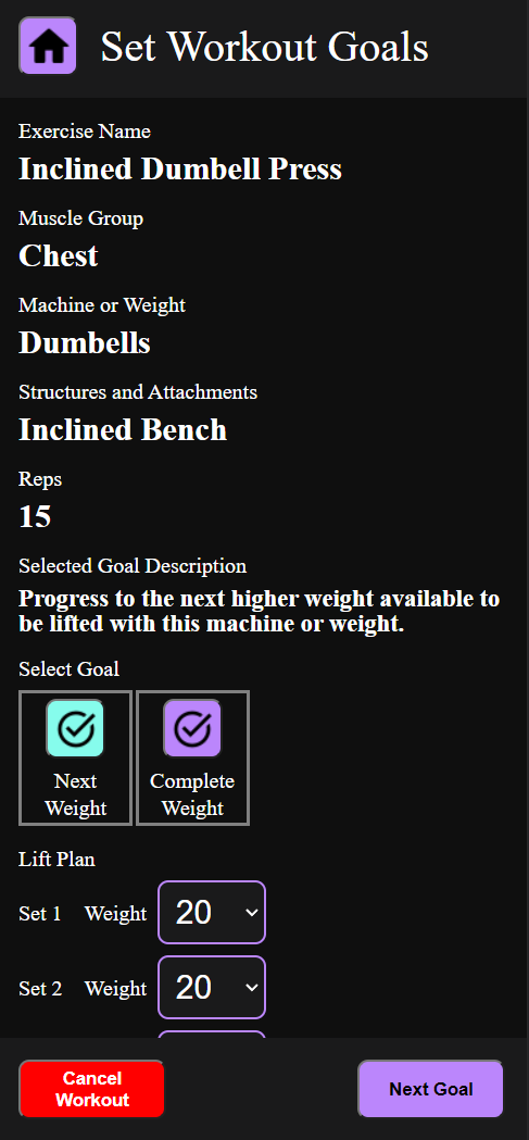 Workout Goals screen